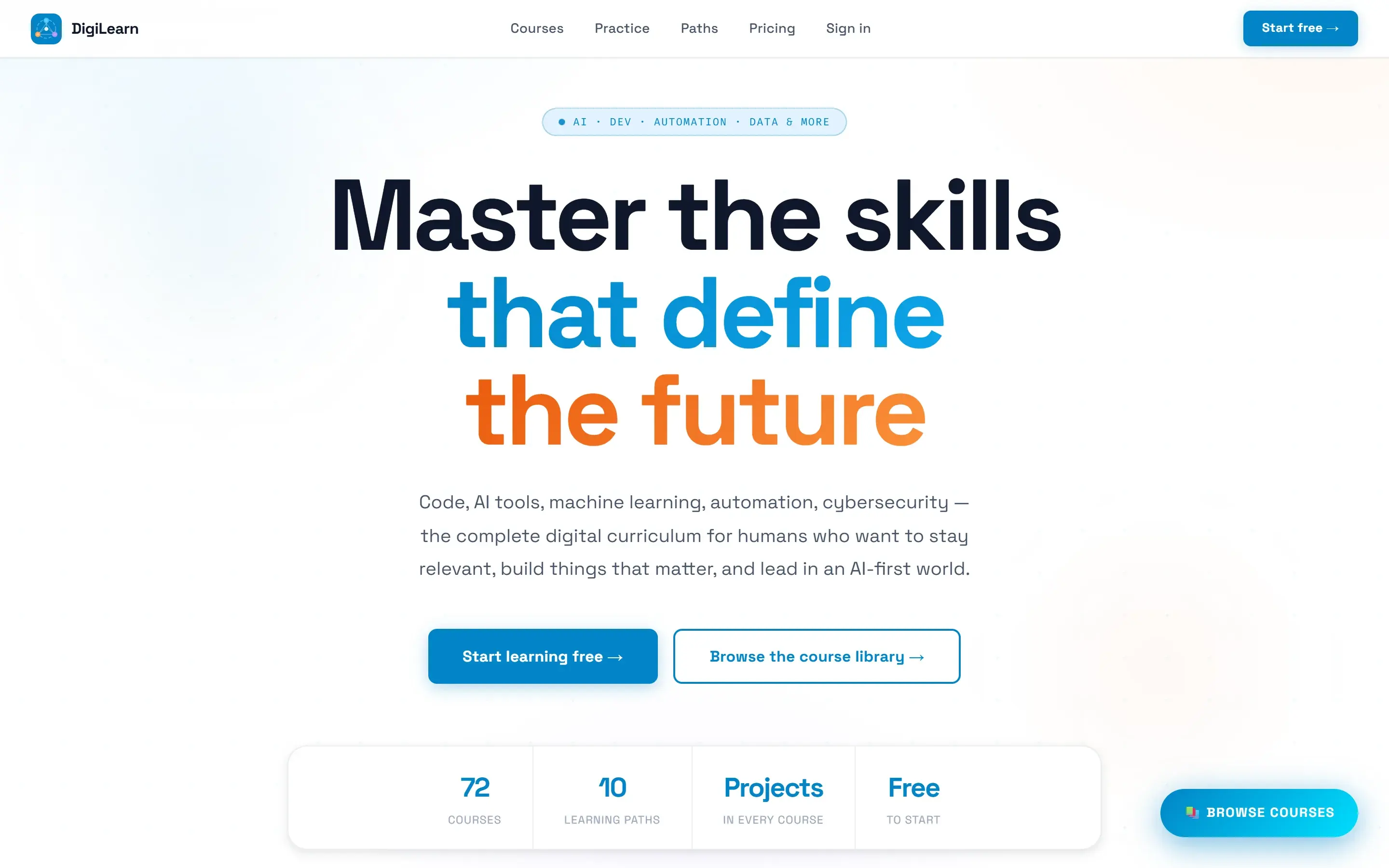 DigiLearn landing page showing learning paths across coding, AI and data science.
