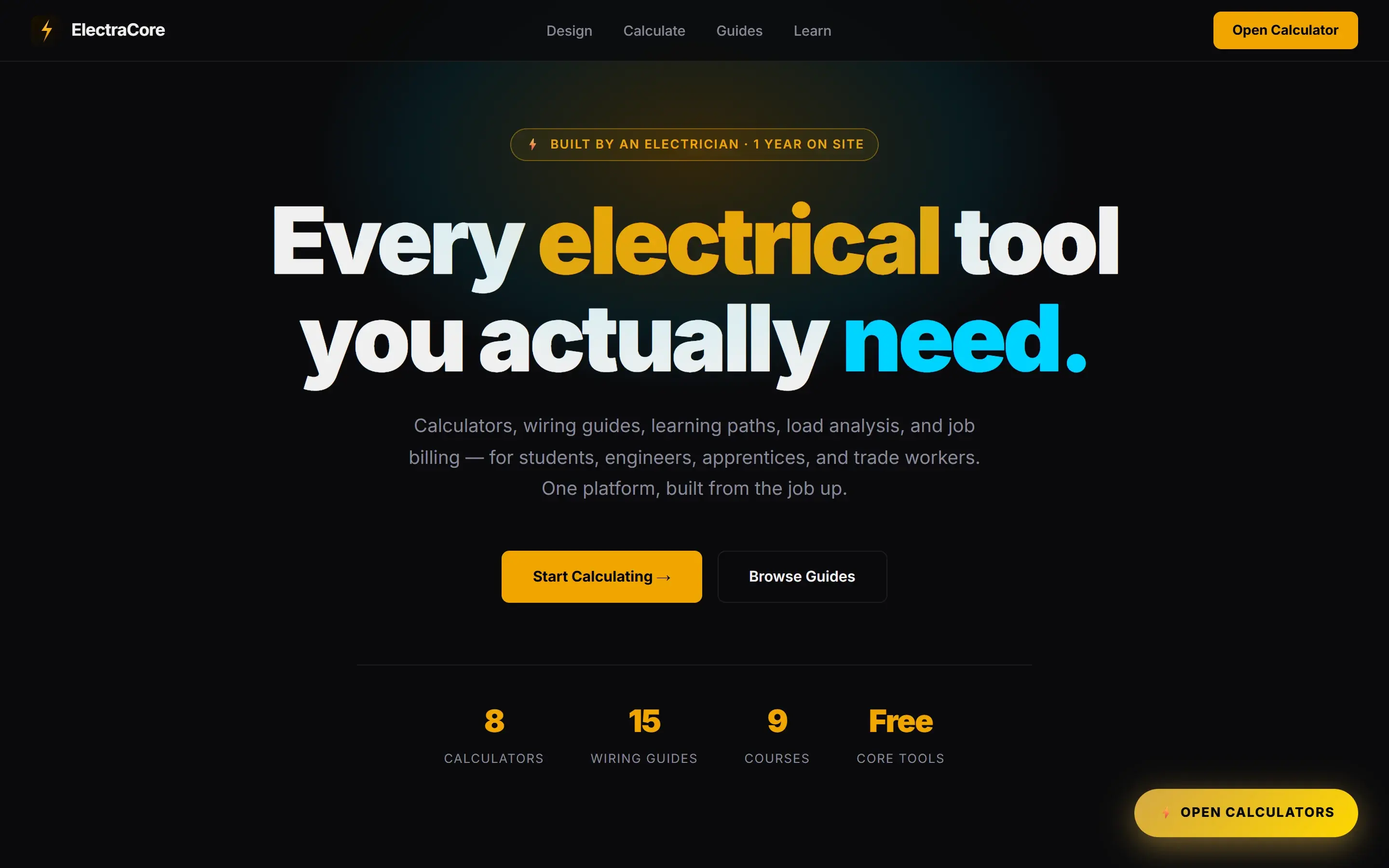 ElectraCore landing page for an electrical calculators and guides platform, built from real site experience.