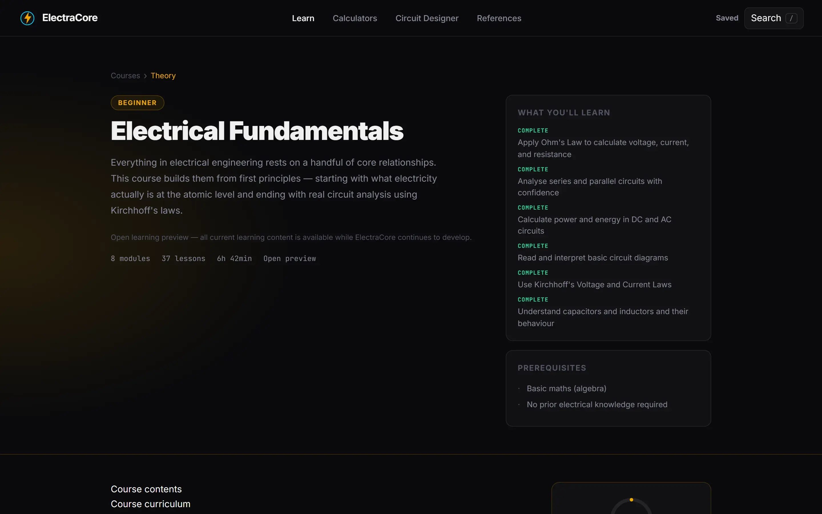 ElectraCore Electrical Fundamentals course with lesson modules, progress controls, diagrams, exercises, and knowledge checks.