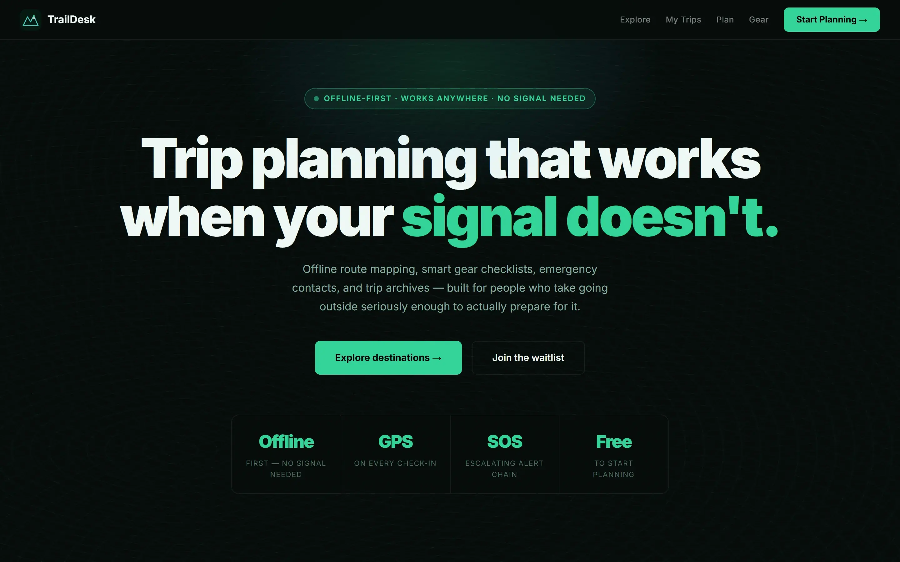 TrailDesk landing page showing offline trip planning with route mapping and gear checklists.