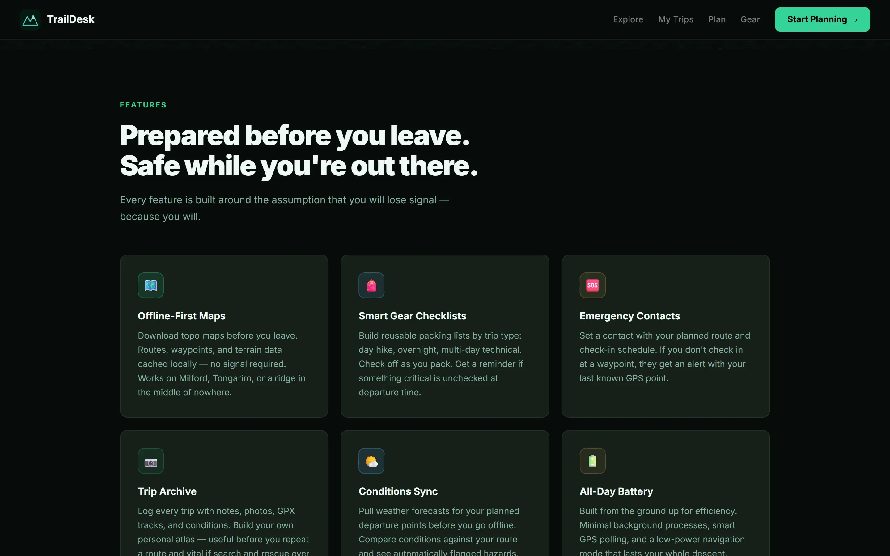 A closer look at TrailDesk, showing its offline route maps, gear checklists and emergency contacts.
