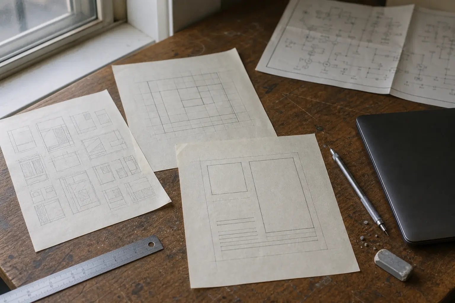 Layers of tracing paper move from rough interface studies to a refined grid beside an electrical schematic.