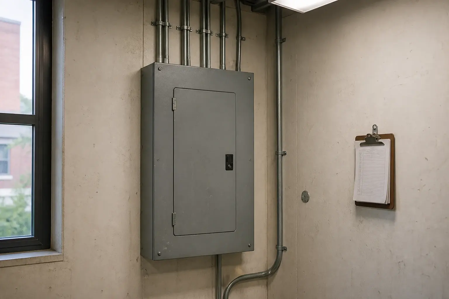 A meticulously labelled electrical panel in a quiet service room at dawn, lit by a narrow seam of copper light.