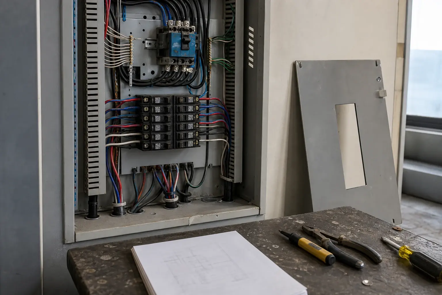 A carefully routed electrical panel beside a hand-drawn system diagram, cable labels, and precision tools.