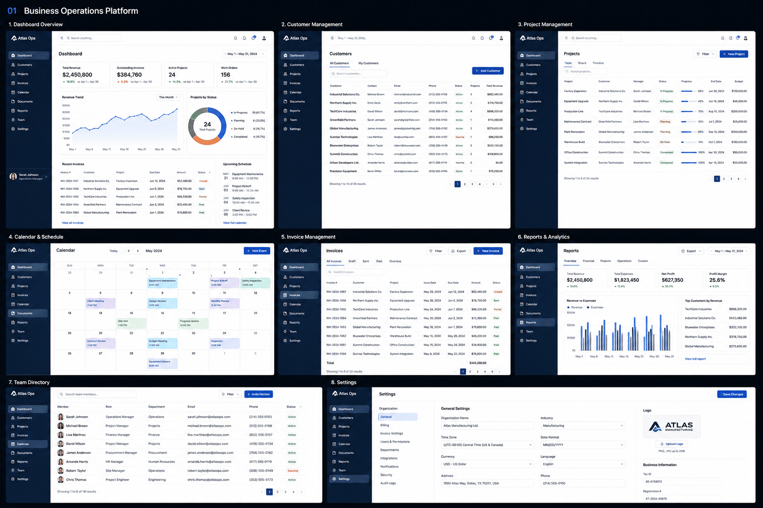 Atlas Ops design study: eight screens for a business operations platform, including a revenue dashboard, a customer table, a project list and a settings page. All data shown is fictional.