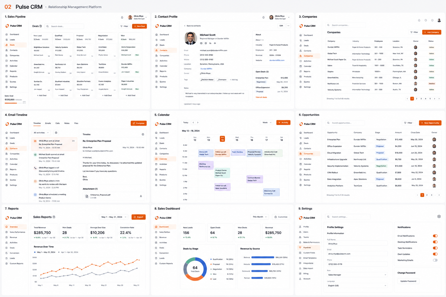 Pulse CRM design study: nine screens for a sales CRM, including a deal pipeline, a contact profile, a companies table and a sales report. All data shown is fictional.