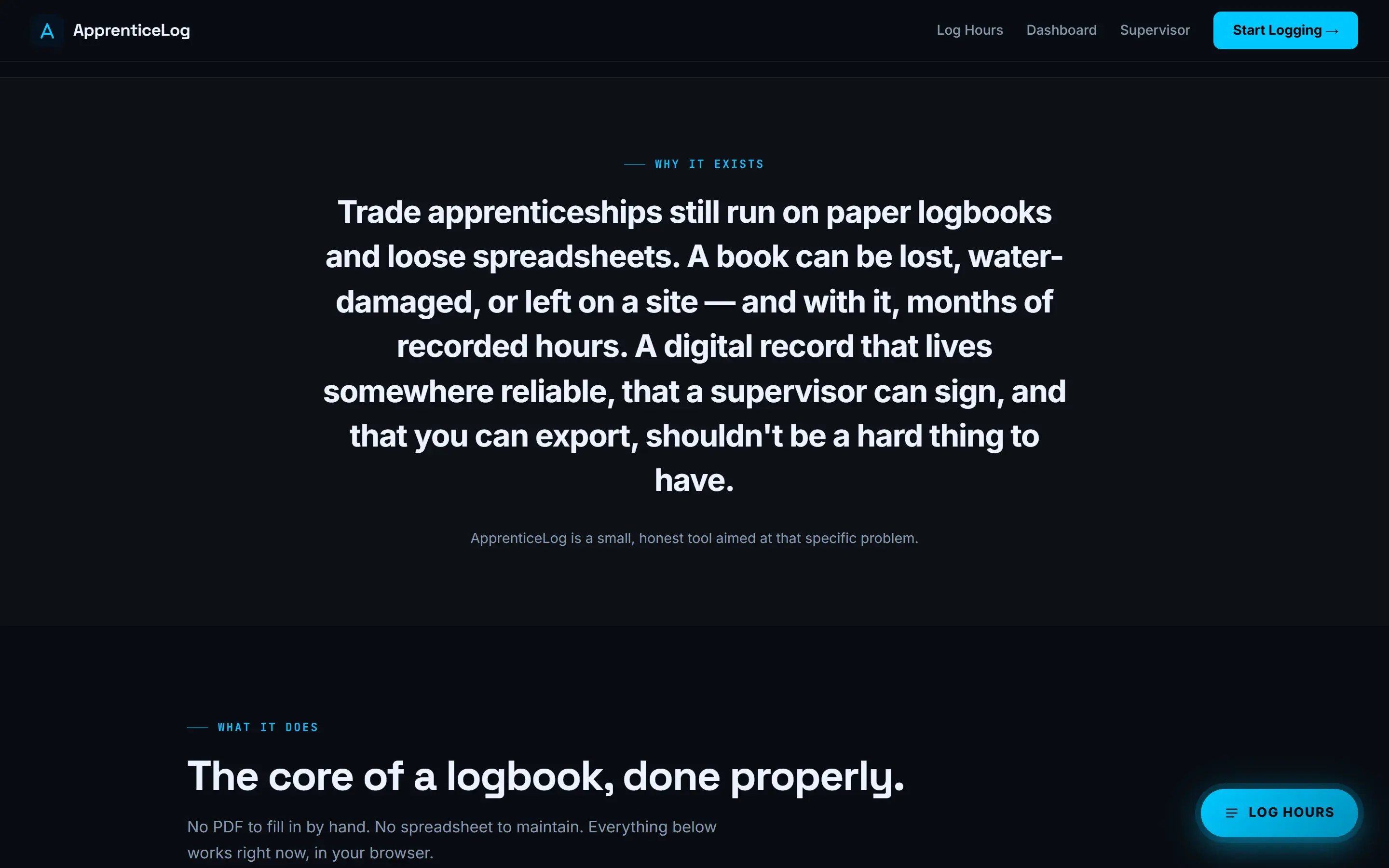 A closer look at ApprenticeLog, showing how it logs hours, collects competency sign offs, and exports a submission ready record.