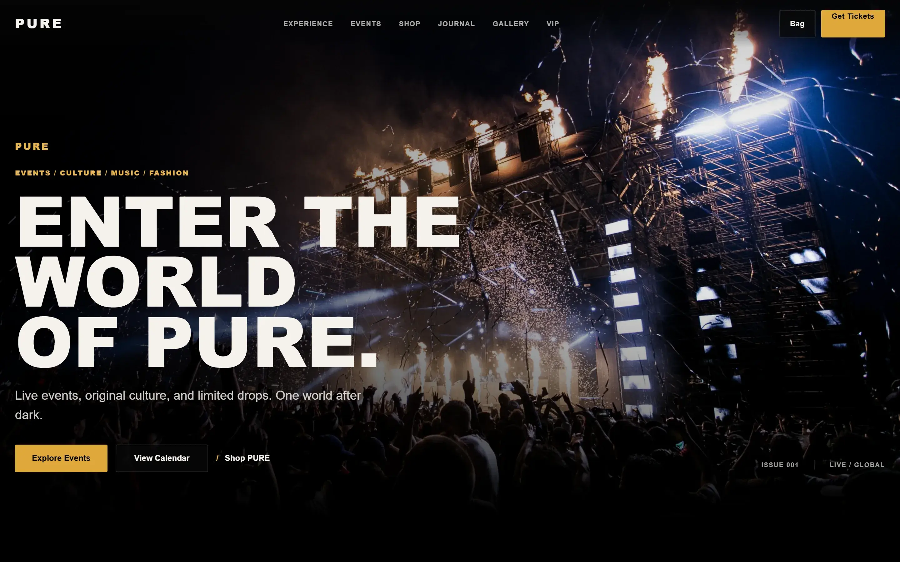 PURE Entertainment live homepage with a concert photograph, wordmark and event navigation.