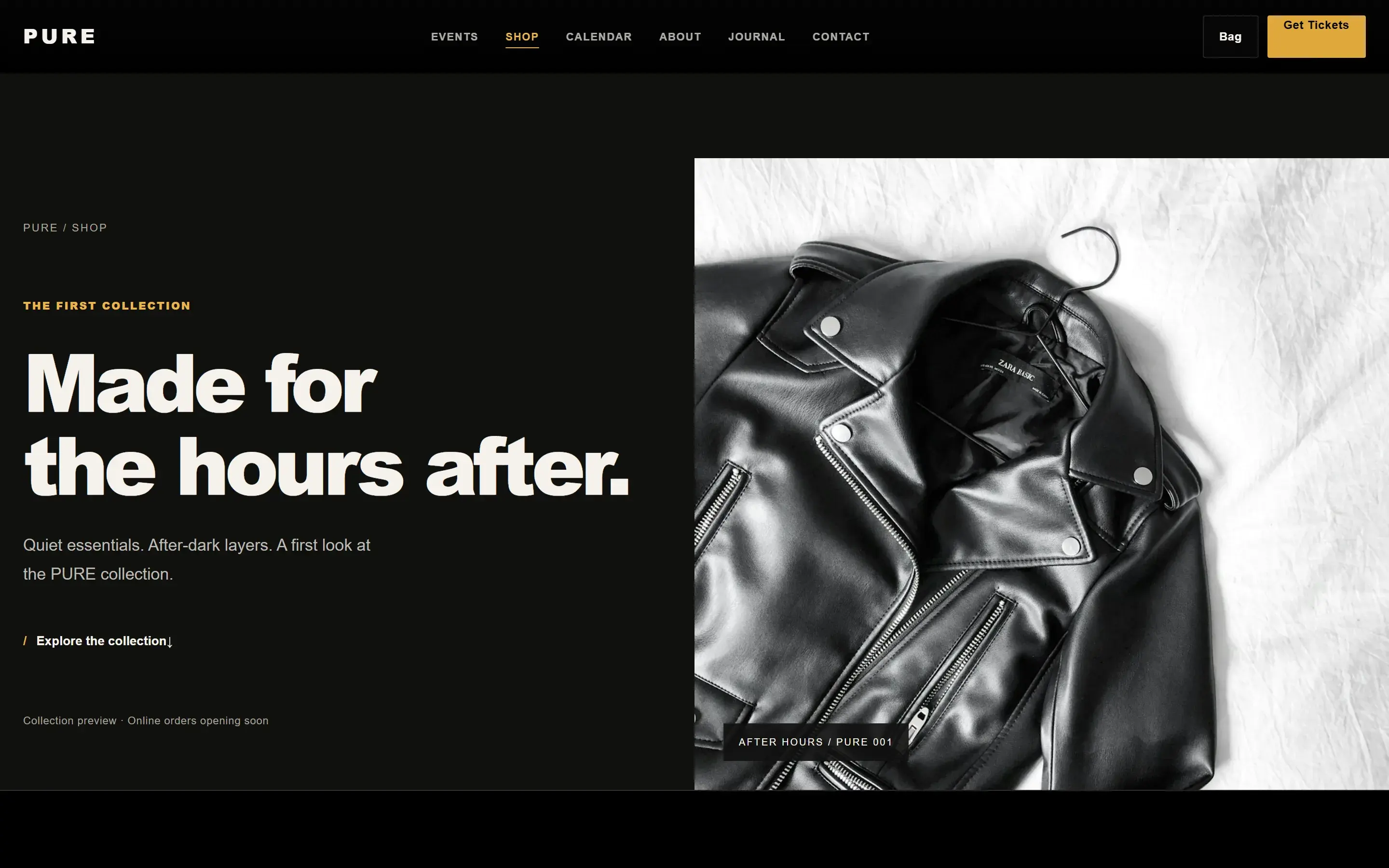 PURE collection preview with photographic style references, search, category filters and saved pieces.